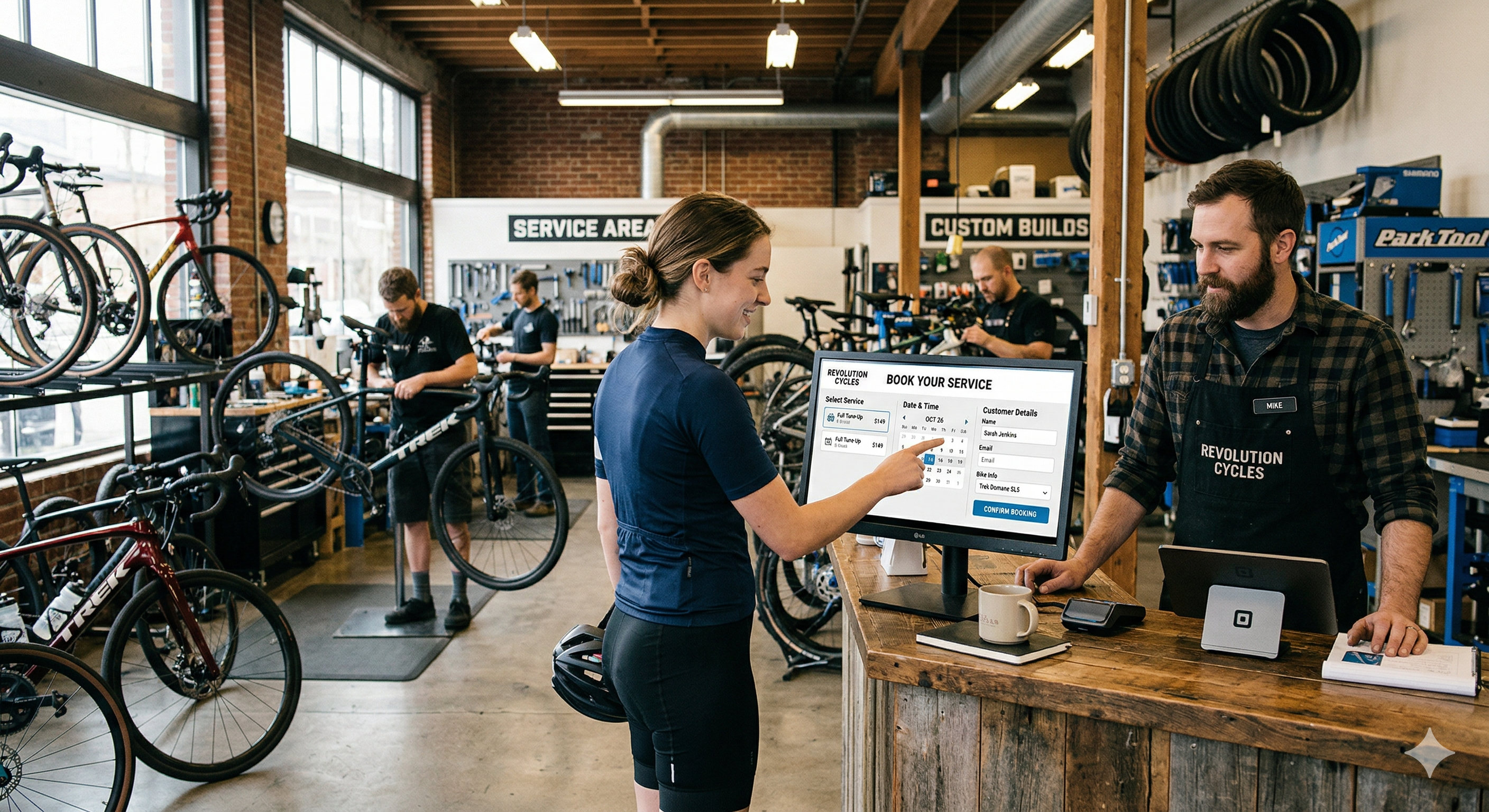 Customer booking a bike service at the counter using velobench