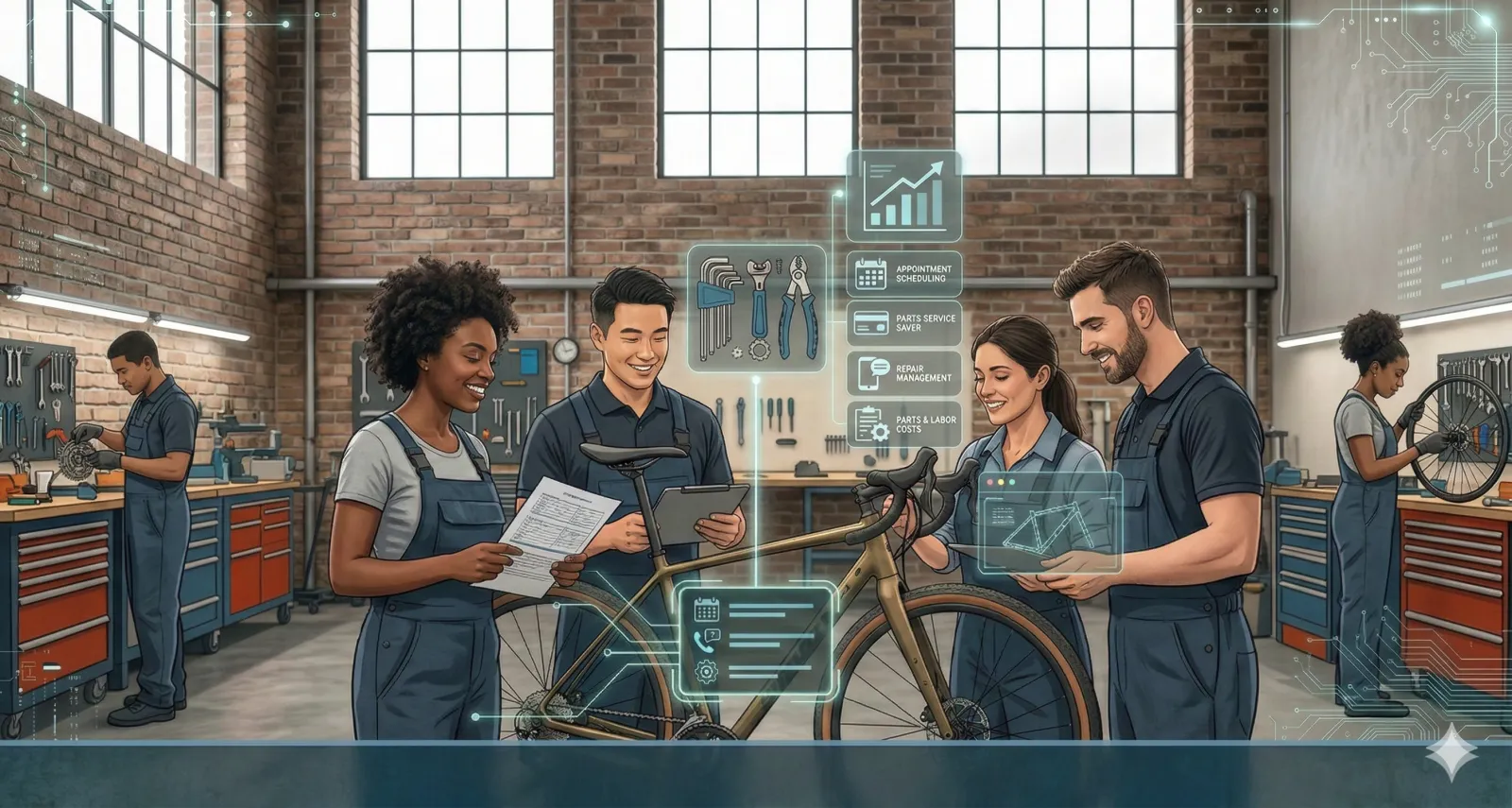 Bike shop team using digital tools around a service bike in the workshop